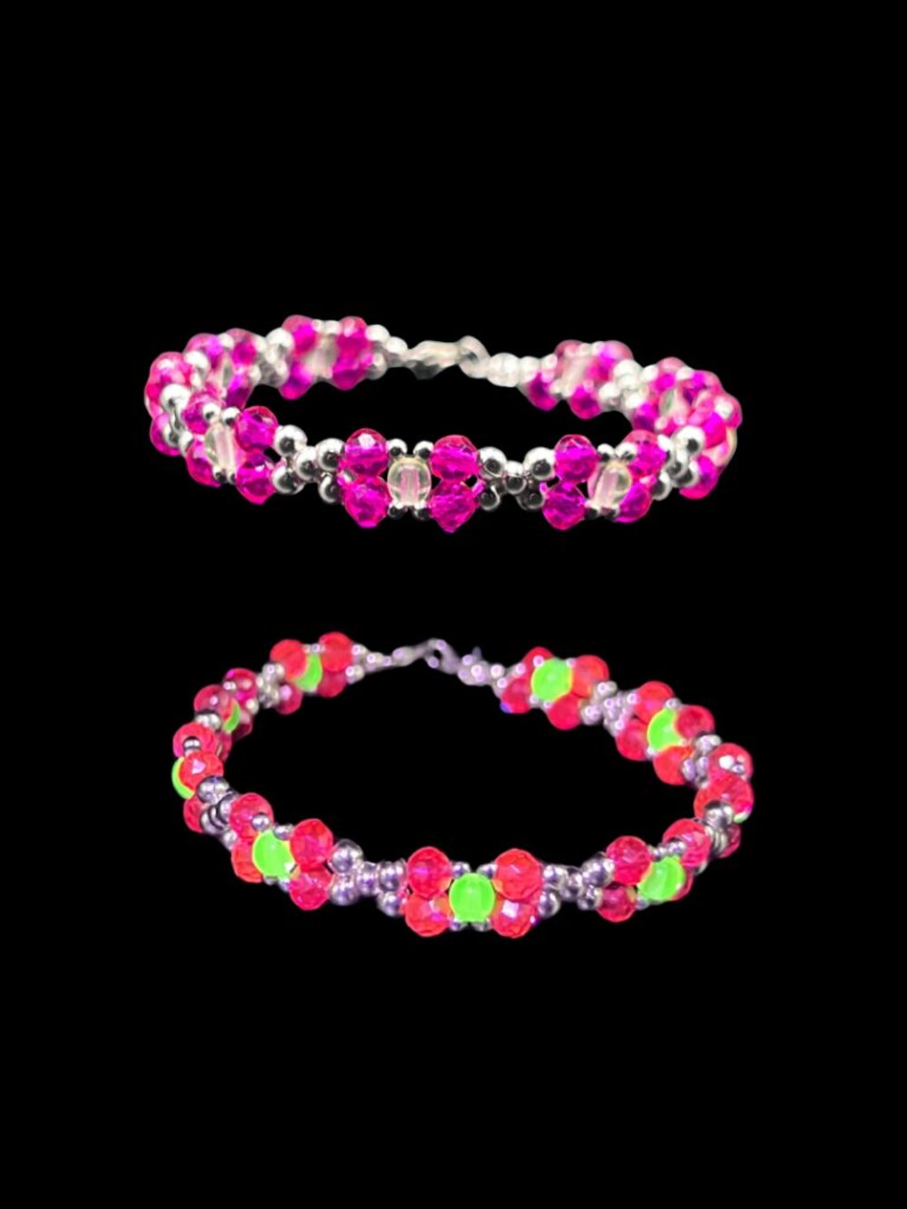 Handcrafted Uranium Glass Bead Bracelet Dark Pink and Yellow-Green 7.5"